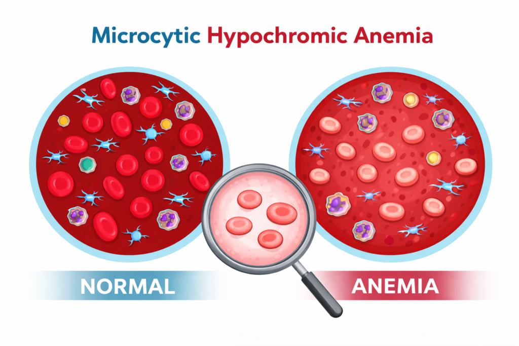 Comparison of normal red blood cells and microcytic hypochromic red blood cells seen in iron deficiency anemia