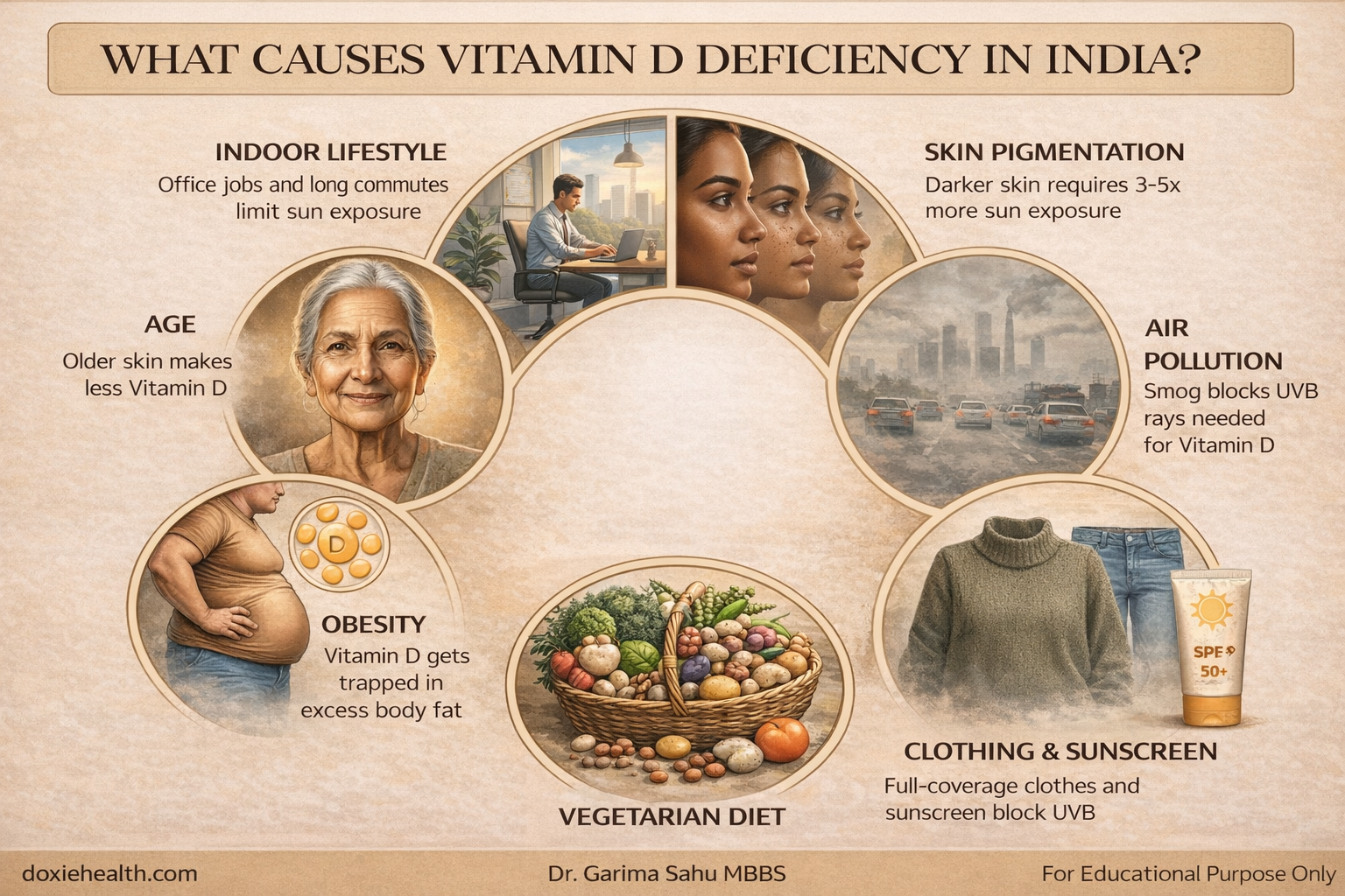Circular infographic showing causes of vitamin D deficiency in India including indoor lifestyle, skin pigmentation, air pollution, clothing and sunscreen, vegetarian diet, obesity, and age.
