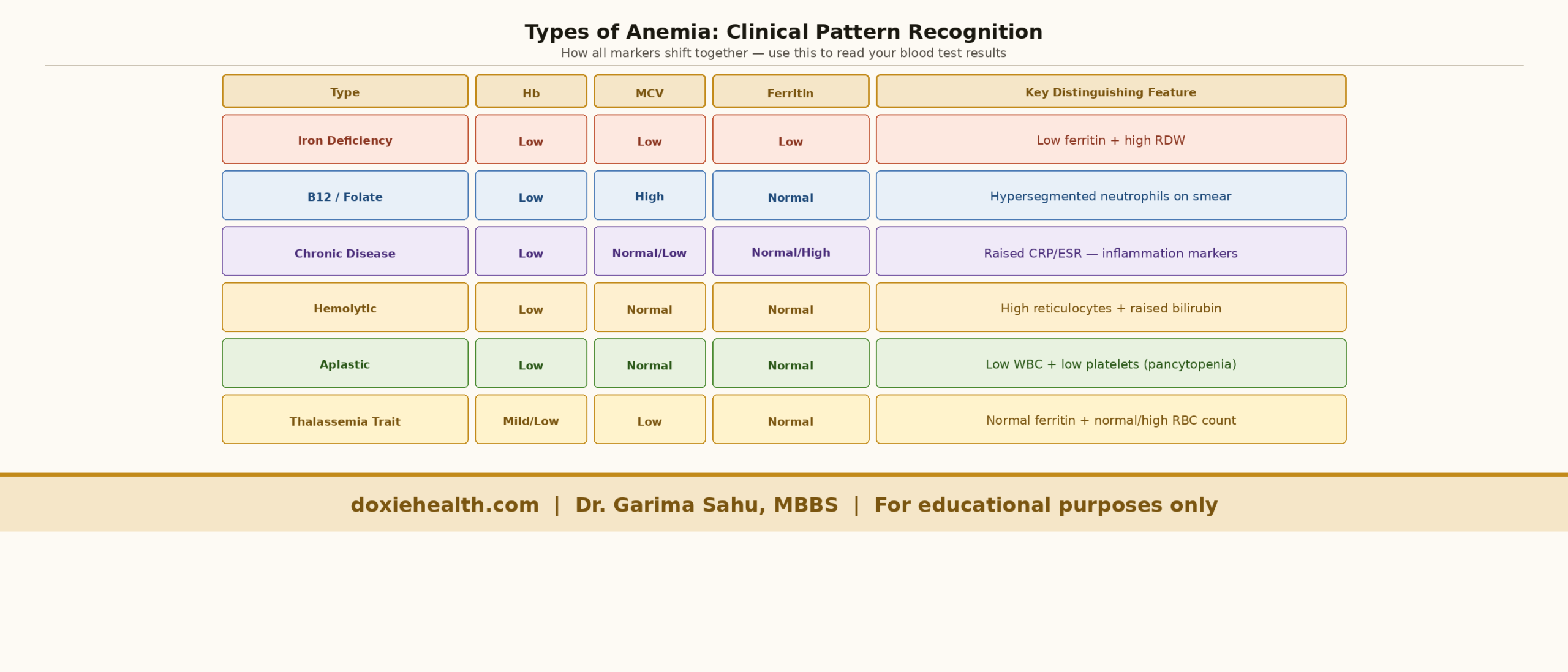 types of anemia clinical pattern recognition CBC markers ferritin MCV diagnosis