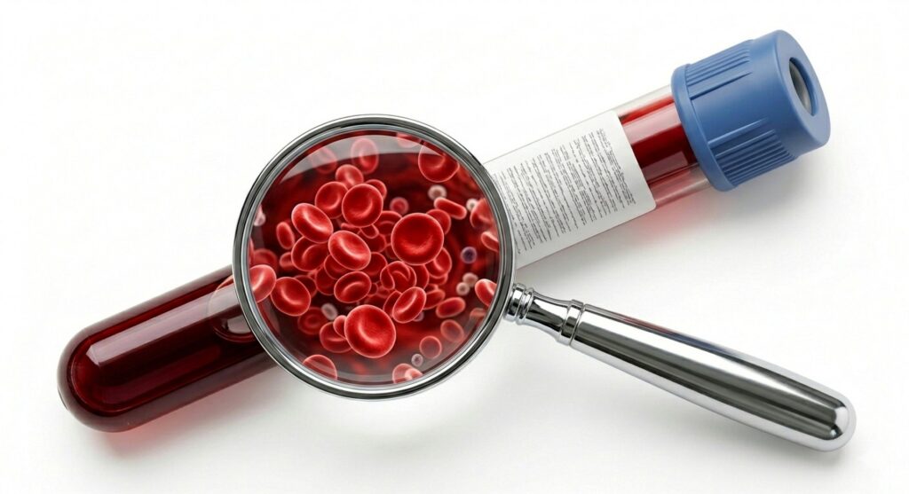 CBC blood test — red blood cells and sample tube.