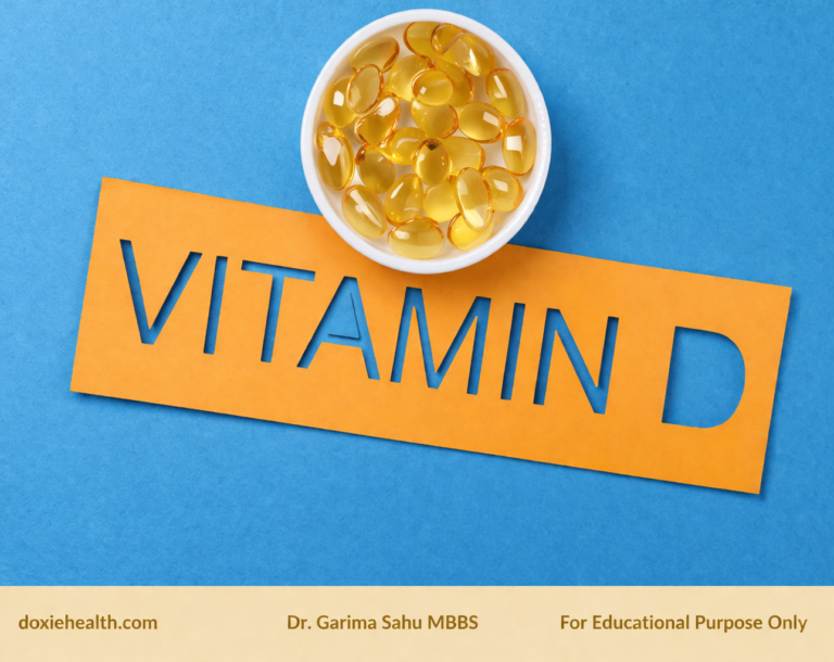 Vitamin D Deficiency: Symptoms & Treatment Bowl of vitamin D softgel capsules on a blue background with “Vitamin D” text and DoxieHealth educational footer