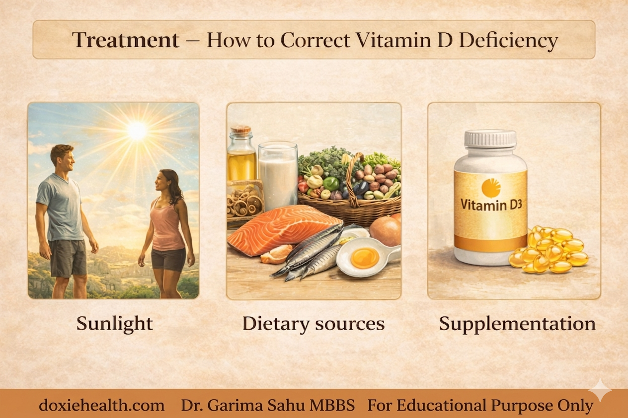 Infographic summarizing three ways to correct vitamin D deficiency: sunlight exposure, dietary sources, and supplementation with a DoxieHealth footer.