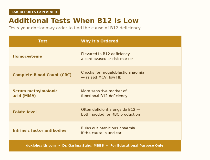 Table of additional blood tests ordered when Vitamin B12 is low — DoxieHealth