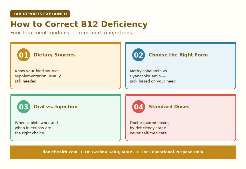 Overview of four treatment modules for correcting Vitamin B12 deficiency — dietary sources, supplement form, oral versus injection, and dosing