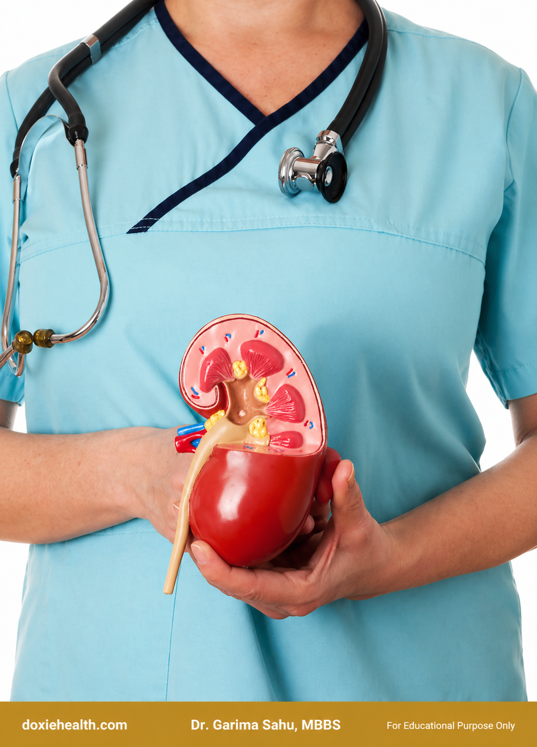 Doctor holding kidney anatomical model explaining KFT blood test results - kidney function test article DoxieHealth