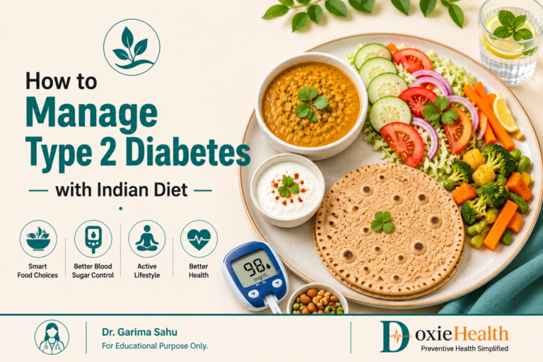Featured image for an article titled "How to Manage Type 2 Diabetes with Indian Diet," showing a balanced Indian meal with one whole wheat roti, dal, curd, fresh salad, cooked vegetables, a glucometer displaying normal blood sugar, and DoxieHealth branding